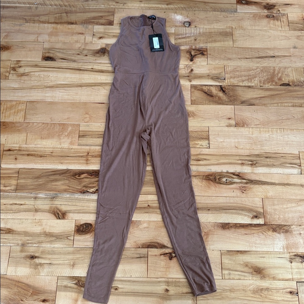 PrettyLittleThing Chocolate Ribbed Sleeveless Jumpsuit